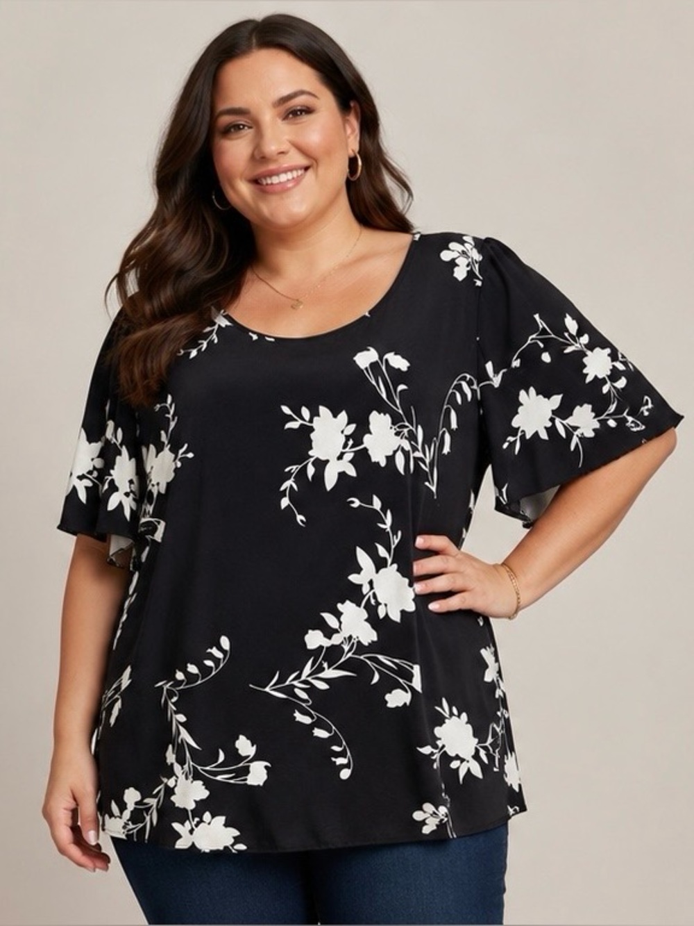 Womens 4X Black White Floral Blouse Flowy Comfy Boho Lightweight Office Top